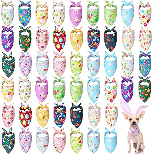 Sanwuta 50 Pcs Easter Dog Bandanas Bulk Pet Kerchief Set Bibs Triangle Scarf Dog Bandanas with Egg Rabbit Carrot Patterns for Easter Party Pet Costume Accessory Decoration(25.6 x 17.7 x 17.7)