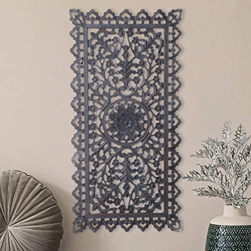 MARRAKESCH Wandbild Wanddeko aus Holz 90cm Gross Ornament Bodhi als Orientalische Dekoration Shabby Grau