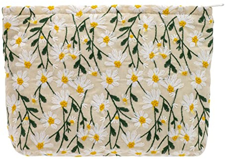 Makeup Bags for Purse Zipper Cosmetic Pouch Large Travel Canvas Make Up Organizer Tool Pouch for Women and Girls,Daisy White