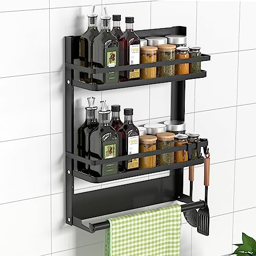 DUNSOO Scaffale portaspezie da parete con porta rotolo da cucina e 4 ganci, scaffale da cucina senza foratura, in acciaio inox, da appendere per cucina e bagno, colore nero