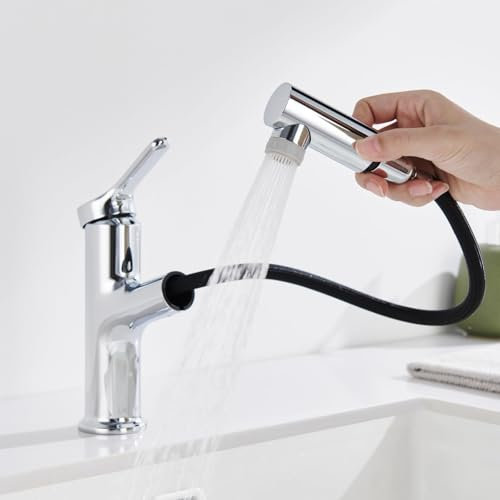 DETBOM Robinet Salle Bain avec Douchette Extractible à 2 Modes, Mitigeur Lavabo, Robinets à Levier Unique, Adapté pour Lavabo à Poser, Aérateur Amovible, Eau Chaude et Froide, Sans Plomb, Chromé