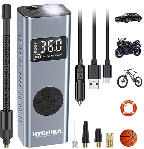 HYCHIKA Compressore Aria Portatile 12V, 6000mAh 150PSI Mini Compressore Portatile, Gonfiatore Gomme Auto con Schermo LCD Digitale, Pompa per Bicicletta, Auto, Moto, Monopattino, Palloni
