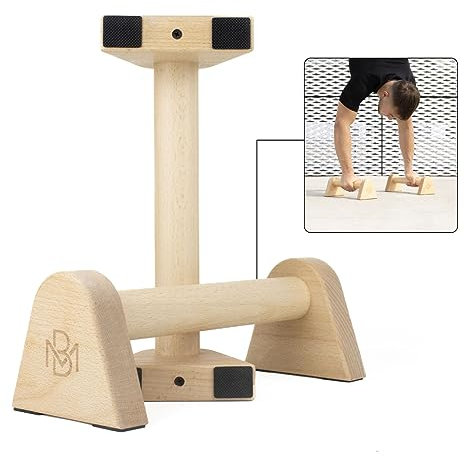 BMOTION Premium Holz Liegestützgriffe, nachhaltige und rutschfeste Calisthenics Parallettes, Liegestütze oder Handstand Griffe, Push Up Bar für In- und Outdoor inkl. Transportband