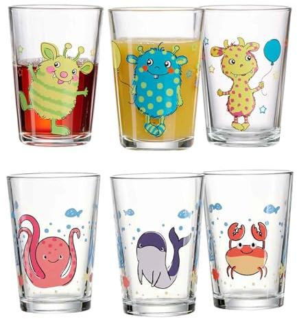 Ritzenhoff & Breker Juego de 6 vasos infantiles Mundo Submarino & Monstruitos, 205 ml, Vasos infantiles impresos con motivos de animales y monstruos, apto para lavavajillas