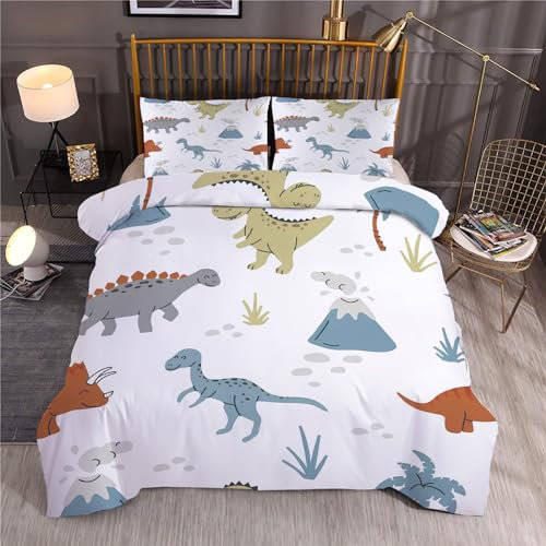 Syhi Qlty Dinosaurier Kinderbettwäsche 135x200 4teilig, Weich Winter Microfaser Bettwäsche-Sets Wald Deckenbezug 2 Bettbezug mit Reißverschluss und 2 Kissenbezug 80x80cm