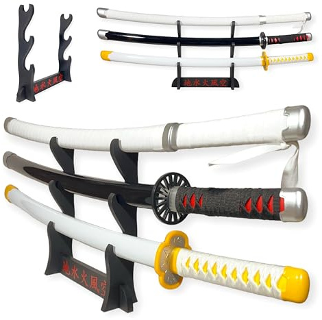 Katana Pack des Pourfendeurs (TANJIRO, ZENITSU, INOSUKE) - Lame Bois - Support Japonais Inclus