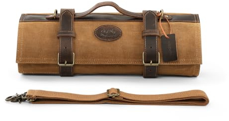 HEZHEN Knife Roll Bag Waxed Canvas, Heavy Duty Portable Backpack Knife Case, 12 Slots & 2 Zipper Pockets, Detachable Adjustable Leather Shoulder Strap -Yellowish Brown（Without Knives）
