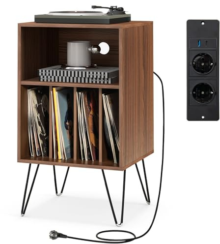 COSTWAY Mesa Auxiliar con Estación de Carga, Mesita de Noche con 2 Enchufes, 1 Puerto USB y 1 Tipo C, Soporte para Tocadiscos de 3 Niveles, para Salón, Dormitorio, 48x40x88cm (Color Nogal)