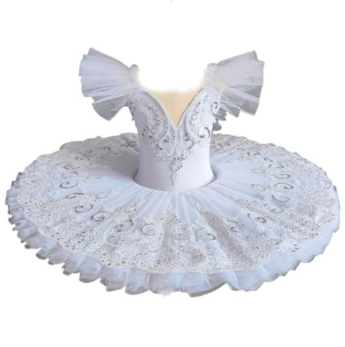 EFLALYHG Weiß,130, Professionelles Ballett-Tutu für Mädchen, Schwanenteller, Pfannkuchen-Tutu, Ballerina, Partykleid, Kinder-Balletttanz-Kostüm