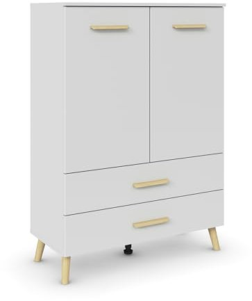 Rauch Möbel Skandi by Aditio Hochkommode, Kommode, Highboard, Türkommode, Schubladenschrank, 2-türig, 2 Schubkästen, Soft-Close, Holzfuß, Farbe Seidengrau, 93x130x44cm