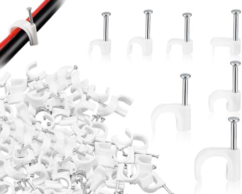 Lhbwhiz 700 Stück Kabelschelle Nagelschellen,Kabelklemmen Befestigungen,Kabel Clips,Kabelhalter mit Nagel,Halterungen Kabelbefestigung mit Box,für Netzwerkkabel(5 Größen,Runde/Quadrat,Weiß)