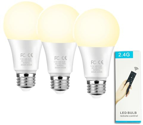 GRV 12 W A60 LED bombilla inteligente con mando a distancia de 2,4 GHz, regulable 2700 K-6500 K, 1000 LM,base E27, lámpara de restaurante, 1 mando a distancia y 3 bombillas