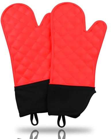 GEEKHOM Silikon Ofenhandschuhe Hitzebeständig Topfhandschuhe BBQ Handschuhe Wasserdicht Küchenhandschuhe für Backofen Grillen Mikrowelle, rutschfeste Backhandschuhe Mit Fingern, Rot, L