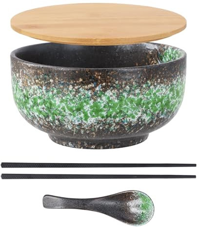 Focenat Grande Insalatiera Ceramica, 1500ML Ciotola Ramen Ciotole Ceramica Cucina, Scodelle Zuppa Porcellana, Grandi Insalatiere con Cucchiaio e Bacchette, Per Cereali, Zuppa, Dessert (Verde)