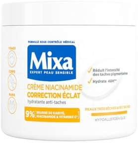 Mixa - Crème Niacinamide Correction Éclat - Crème Hydratante Anti-Taches au Beurre de Karité, à la Niacinamide et à la Vitamine C - Adaptée au Visage, Corps et Mains - Hypoallergénique - 400ml