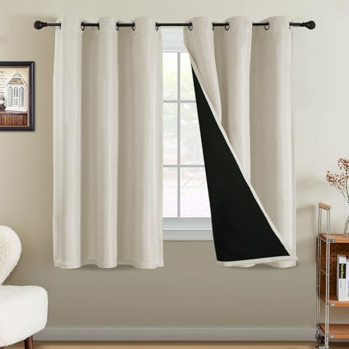 BellaHills 100% Blackout Curtains for Bedroom Thermal Faux Linen Curtain for Living Room Burlap Textured Eyelet Curtains & Drapes, 2 Panels, 46 x 54 Inch, Heather Sand