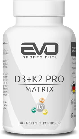 EVO SPORTS FUEL Vitamin D3 + K2 Pro Matrix - 90 Hochdosiert Kapseln - mit All-Trans K2-MK7, Magnesium und Calcium - für Immunsystem, Knochen und Blutgewinnung - geprüfte Qualität - Made in Germany