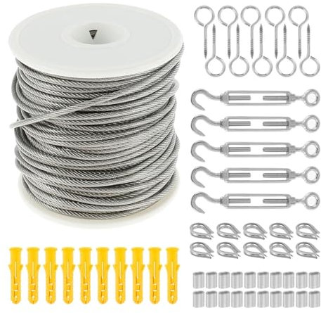 WENYOG Stålkabelsats 15M/30M Bild Kabel Räcke Kit Heavy Duty Garden Skruv Ögonskruv Skruv Spänntråd Spänntråd Spänntråd Täckt Filter Repkabel(30M)