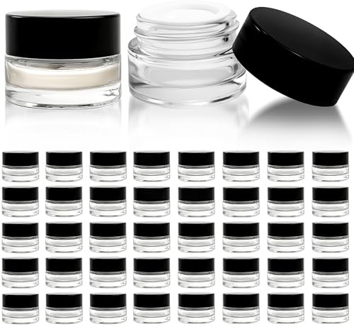 Seuqhck 90 Pack 5ml Small Clear Jars with Black Lids, Empty Glass Cosmetic Containers with Liners Round Bulk Airtight Cream Bottle for Beauty Product Samples, Travel, Storing Lotions, Essences
