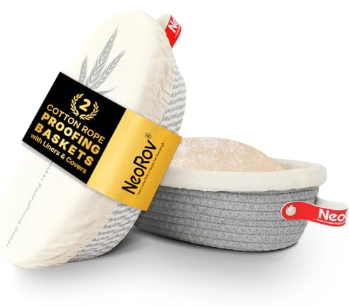 NeoRov Banneton Lot de 2 corbeilles à pain ovales – Bols à l'épreuve du levain – Fournitures de cuisson avec doublure et housse en tissu – Panier à baneton en corde de coton pour la cuisson