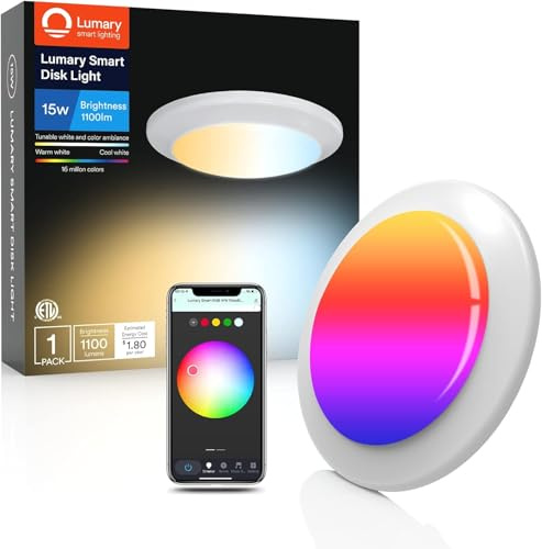 Lumary 15W Smart LED Flush Mount Disk Lights 5/6 Inch, RGBWW WiFi Recessed Surface Mount Ceiling Lights, Color Changing 2700-6500K Dimmable Downlight, Compatible with Alexa/Google Assistant-ETL Listed