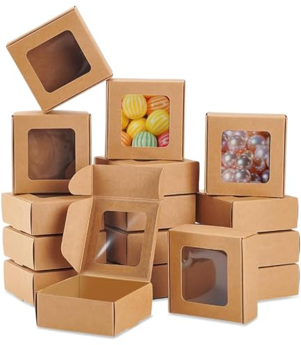 32 Stück Verpackung Geschenkbox mit Fenster, 75x75x30mm Quadratische Kraftpapier Boxen, Faltbare Geschenkbox aus Kraftpapier, Wiederverwendbar Schachtel Verpackung für Schmuck, Hochzeit, Süßigkeiten