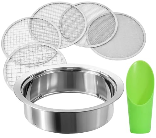 Soil Sieve Stainless Steel Riddle Sieve Set, 9.5 Diameter, Garden Sifter with 5 Filter Mesh Sizes 1,3,5,9,12mm and Bonsai Soil Scoops Gardening Tool