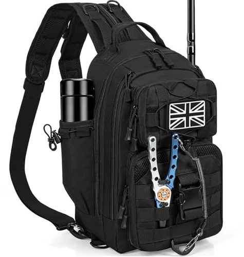 OUUTMEE Sac à Dos de Pêche avec Support de Canne à Pêche, Sac de Pêche Portable en Bandoulière, Sac de Pêche Imperméable et Multi-Poches pour Pêche, Randonnée et Voyage (Noir)