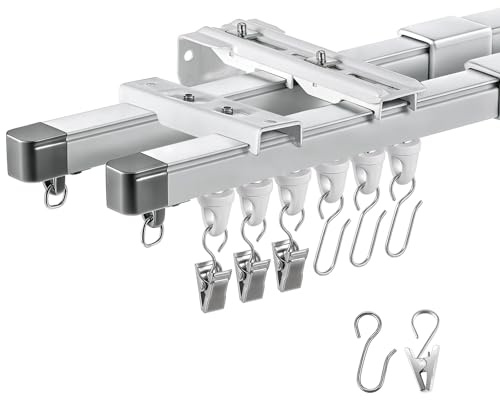 Juexica Retractable Ceiling or Wall Mount Curtain Track 2.8-4.9ft / 0.85-1.5 Meter Room Divider Curtain Rod, Rails Set with Silent Rollers and Hooks for Living Room Bedroom RV (Double)