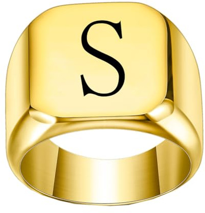 PAURO Edelstahl Trendiger Minimalistischer Quadratischer Alphabet Initialen Siegelring für Herren Damen Gold S Größe 57 (18.1)