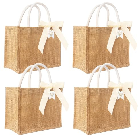 Dmnnlp 4 Stück Jutetasche mit beige Band und Tags, 22x17x10cm Geschenktaschen Kleinn, Personalisiert Jute Tasche für Hochzeitsfeiern, Bachelorette, Brautjungfer, Baby Duschen, Shopping (Beige)