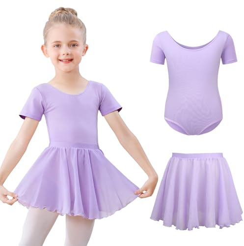 Ballettkleidung Mädchen Kurzarm Ballettkleid Baumwolle Balletttrikot Kinder Ballettanzug Ballettbody mit Chiffon Rock Tütü 3-11Jahre