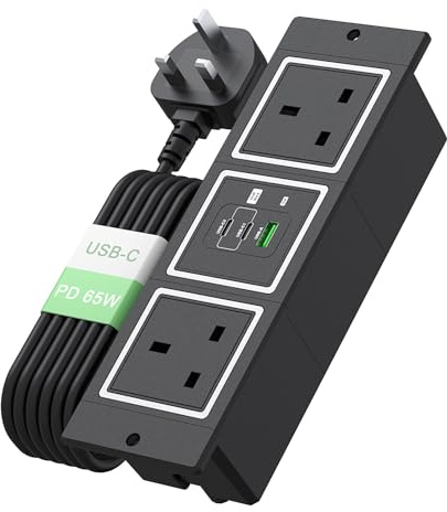 Recessed Power Strip with USB C PD 65W,BQO Hidden Desk Power Sockets with 2 USB C, 1 USB-A Ports,Hidden in Furniture Desk Table, 1.8M/5.9FT Cable, Black