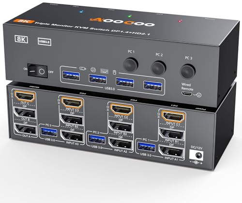 KVM Switch 3 PC 3 Monitore 4K@144Hz/8K@60Hz, Triple Monitore HDMI DP KVM Switches Mit kabelgebundener Fernbedienung, Netzteil und USB3.0 Kabel im Lieferumfang
