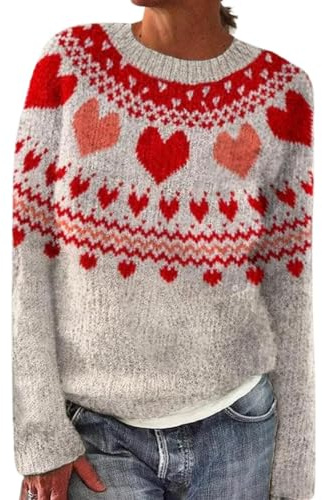Pull Norvégien pour Femme d'hiver Chaud Élégant Pullover Tricoté Col Rond À Manches Longues Sweater Tops Motif Jacquard Tunique Grande Taille Mode Surdimensionné Vetement Femme Automne-Hiver