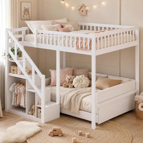 Etagenbett 140x200 cm, Kinderbett Hochbett mit Stauraum und Treppe, Funktionsbett Jugendhochbett Stockbett Kinderhochbett mit Lattenrost, Doppelbettgestell für 2 Kinder, Ohne Matratze