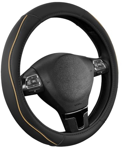 Road ComfortsLeather Steering Wheel Cover with Decorative Trim and Piping, Anti-Slip Breathable Design, Fits 14.5–15 Inch Round Steering Wheels, Snug Fit, Stylish Interior Upgrade - Beige
