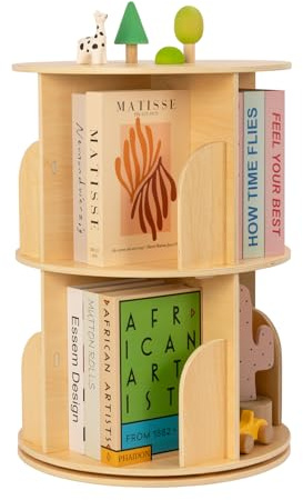 OOOK 2-Stöckiges Drehbares Bücherregal, 360° Kleines Bücherregal Drehbar | Bodenstehendes Platzsparendes Design, Multifunktionales Standregal für Wohnzimmer Schlafzimmer, aus Pappelsperrholz Gefertigt
