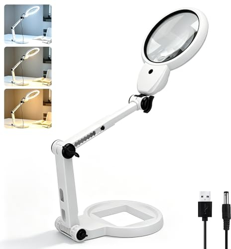 5X 10X 20X Standlupe mit Licht und Ständer, Faltbare Lupenlampe mit USB-Ladung, 3 in 1 Lupenlampe mit 18 LED, HD-Linse, Ideal als Tischlupe mit Beleuchtung zum Lesen, Basteln und Reparieren