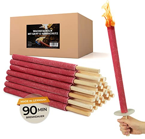 Bolson Wachsfackeln 90 Min (100 Stück) Gartenfackel aus Wachs mit Handschutz & Griff für Kinder & Erwachsene - in Deutschland hergestellte Fackel f. Draußen - ideal f. Fackelwanderung, Garten, Outdoor