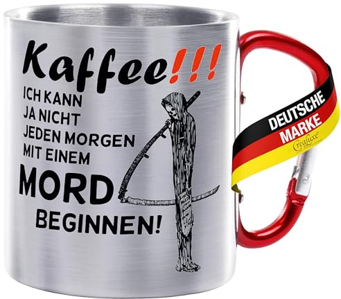 CreaLuxe Edelstahltasse mit Karabiner 'Kaffee - ich kann ja nicht jeden morgen mit einem Mord beginnen' Tasse bedruckt, Kaffeetasse, Bürotasse, Metalltasse mit Name