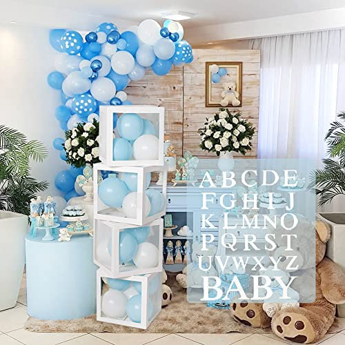 Scatole di palloncini per decorazioni per baby shower - 4 pezzi Scatole trasparenti bianche fai-da-te con 30 lettere BABY + A-Z per ragazzi Baby Shower, festa di compleanno