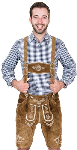 Bayerische Herren Trachten Lederhose kurz, Trachtenlederhose mit Trägern, original in Mittelbraun, Oktoberfest, Größe 56
