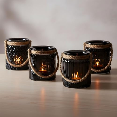 4er Set Windlicht Glas Schwarz H10cm Teelichthalter Tischdeko Kerzen Retro Deko Kerzenhalter Flachs