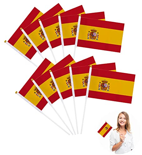 Spanien-Flagge,Spanische Mini-Flagge,10 kleine Handwinkende Flaggen,Spanische Nationalflaggen,Spanien kleine Tischflaggen Flagge,Spanische Flaggen auf Stäben für Weltmeisterschaft,Fußball 2022