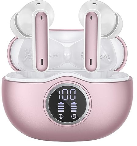 WHYKJTEK Bluetooth Kopfhörer, Kopfhörer Kabellos Bluetooth 5.3 In Ear mit Indicateur LED, 40 Std ENC Lärmreduzierung dual Mikrofon HiFi Stereo Kopfhörer, IP7 Wasserdicht in Ear Ohrhörer Roségold