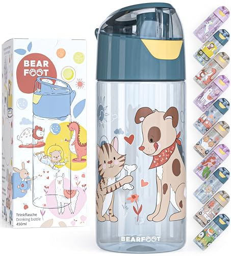 BEARFOOT Trinkflasche Kinder 450ml, leichte Tritan Wasserflasche, BPA frei, auslaufsicher, Kohlensäure geeignet, spülmaschinenfest für Jungen, Mädchen, Kleinkind (Blau - Hund Katze)
