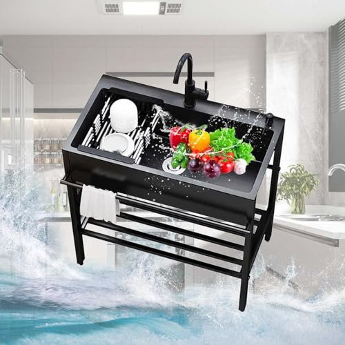 Freistehende Edelstahl Spülbecken,Küchenspülen Schwarz,Handwaschbecken Mit Wasserhahn,Multifunktionswaschtisch Mit Lagerregal,Außenbereich Edelstahlspüle Mit Armaturen,Für Küchenutensilien Aufbewahrun