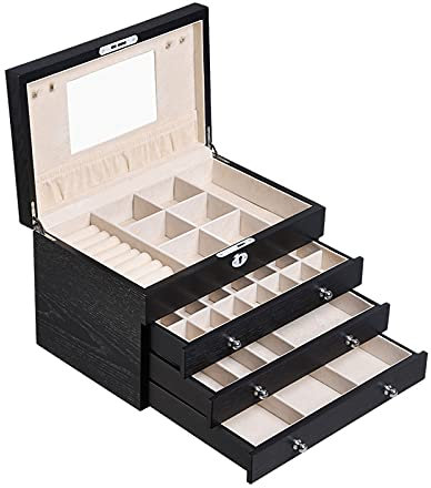 NEWNAN Schmuckschatulle, große Damen-Schmuckschatulle, verspiegelte Uhr, Organizer, Halskette, Ring, Ohrring, Aufbewahrung, abschließbarer Geschenkkoffer, Holz-Schmuckkästchen,