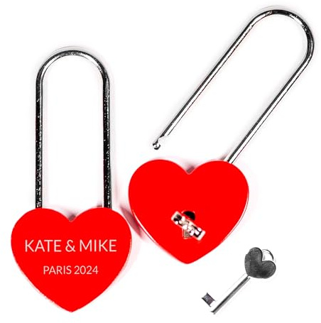 WDS Personalised Heart Padlock - Custom Engraved Padlocks with Keys, Love Key Red Hearts, Bridge Gift for Couples with Text Names and Date, Metal Wedding Anniversary Birthday Valentines Day Gifts